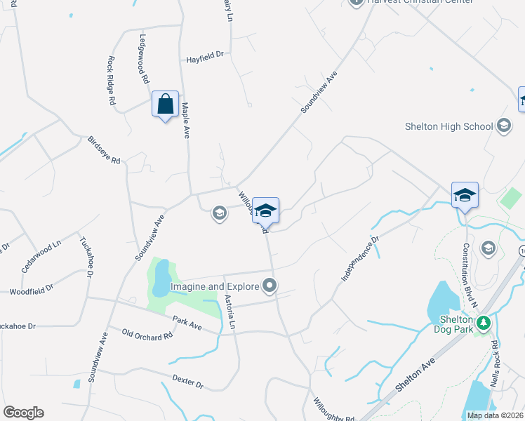 map of restaurants, bars, coffee shops, grocery stores, and more near 137 Willoughby Road in Shelton