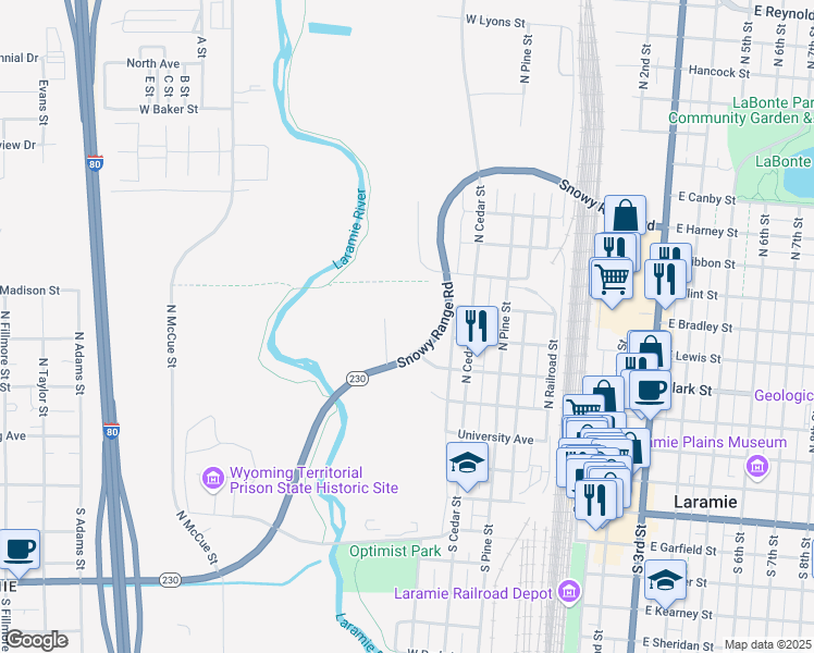 map of restaurants, bars, coffee shops, grocery stores, and more near 575 Snowy Range Road in Laramie