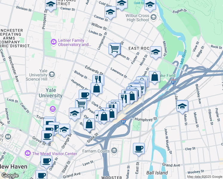 map of restaurants, bars, coffee shops, grocery stores, and more near 91 Bishop Street in New Haven