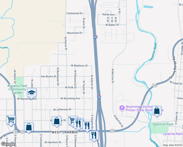 map of restaurants, bars, coffee shops, grocery stores, and more near 1401 Van Buren Street in Laramie