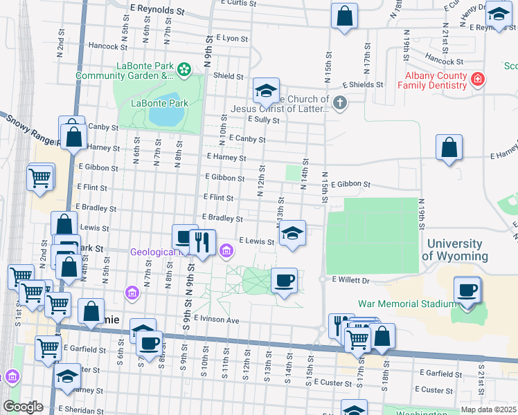 map of restaurants, bars, coffee shops, grocery stores, and more near 1211 East Bradley Street in Laramie
