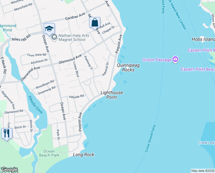 map of restaurants, bars, coffee shops, grocery stores, and more near 836 Pequot Avenue in New London