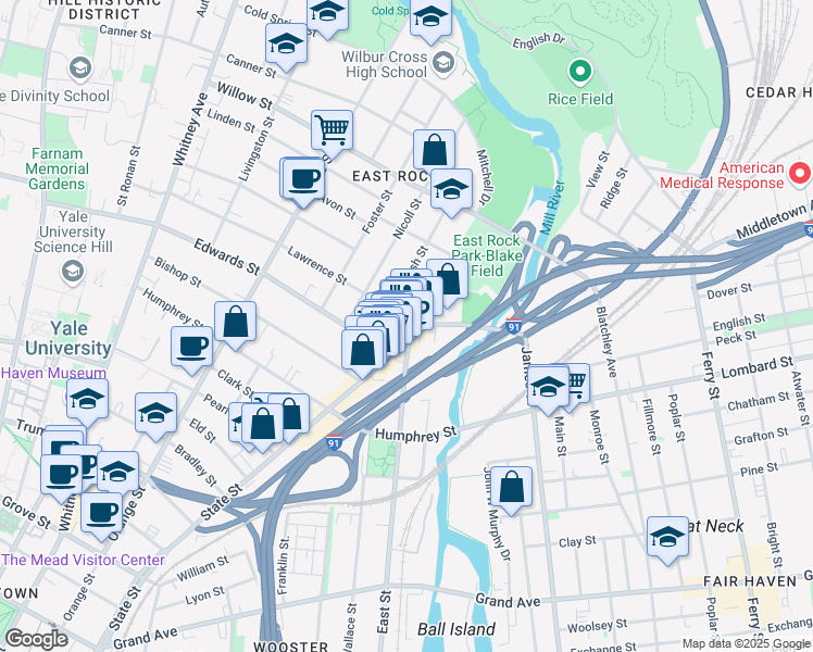 map of restaurants, bars, coffee shops, grocery stores, and more near 8 Mechanic Street in New Haven