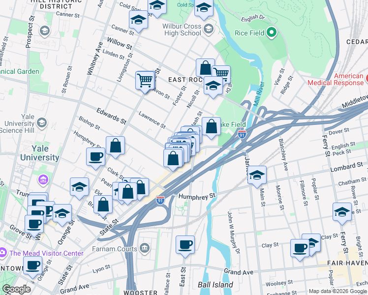 map of restaurants, bars, coffee shops, grocery stores, and more near 24 Edwards Street in New Haven