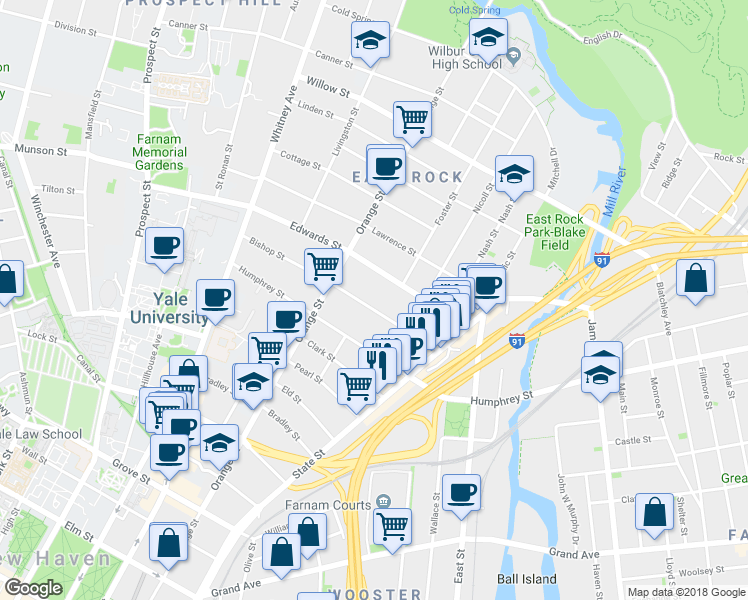 map of restaurants, bars, coffee shops, grocery stores, and more near 78 Bishop Street in New Haven