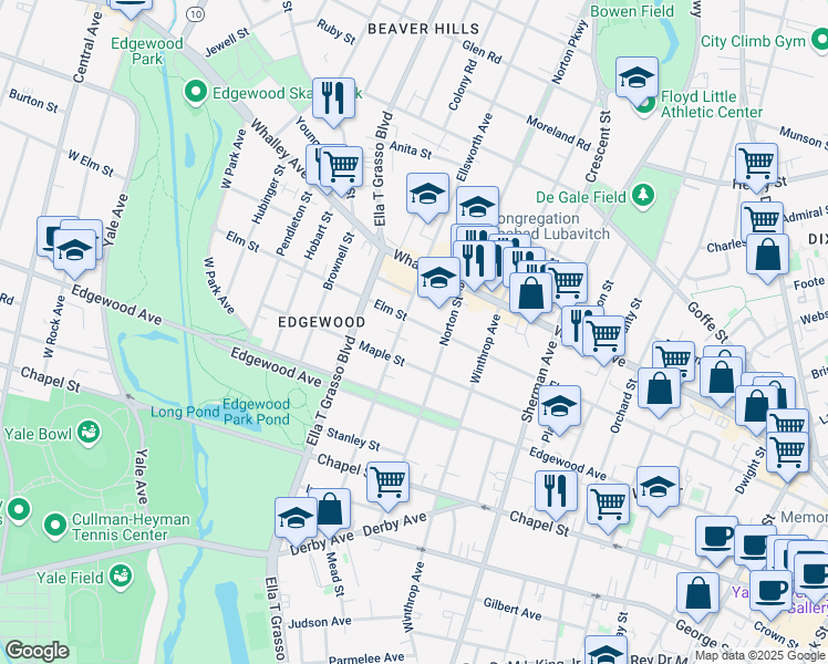 map of restaurants, bars, coffee shops, grocery stores, and more near 119 Maple Street in New Haven