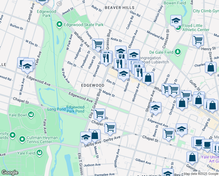 map of restaurants, bars, coffee shops, grocery stores, and more near 156 Maple Street in New Haven
