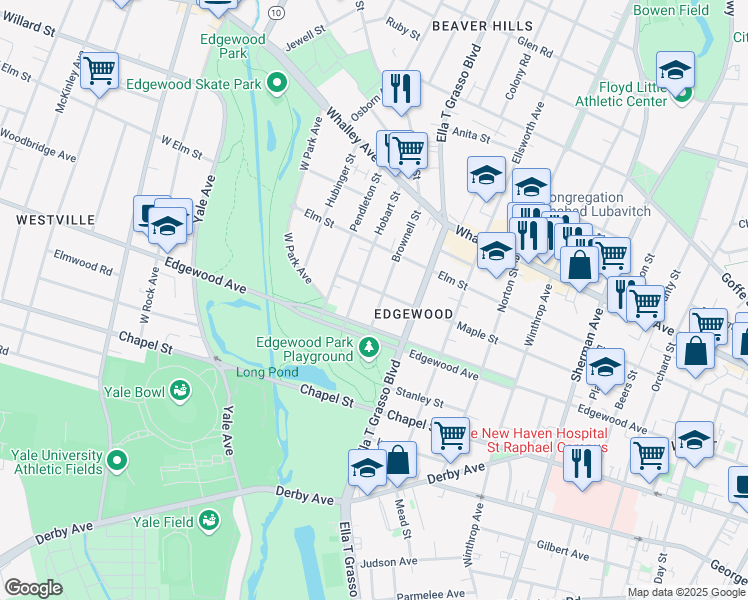 map of restaurants, bars, coffee shops, grocery stores, and more near 509 Edgewood Avenue in New Haven