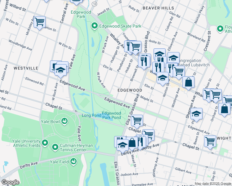 map of restaurants, bars, coffee shops, grocery stores, and more near in New Haven