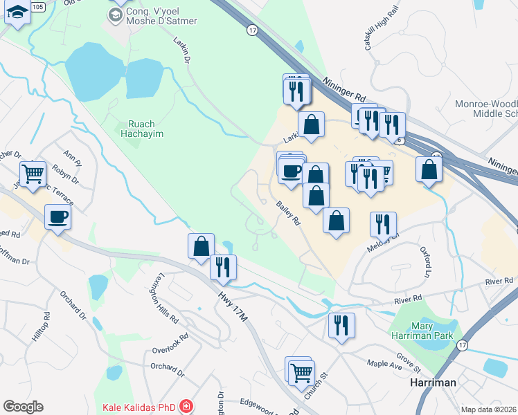 map of restaurants, bars, coffee shops, grocery stores, and more near 79 Barr Lane in Monroe