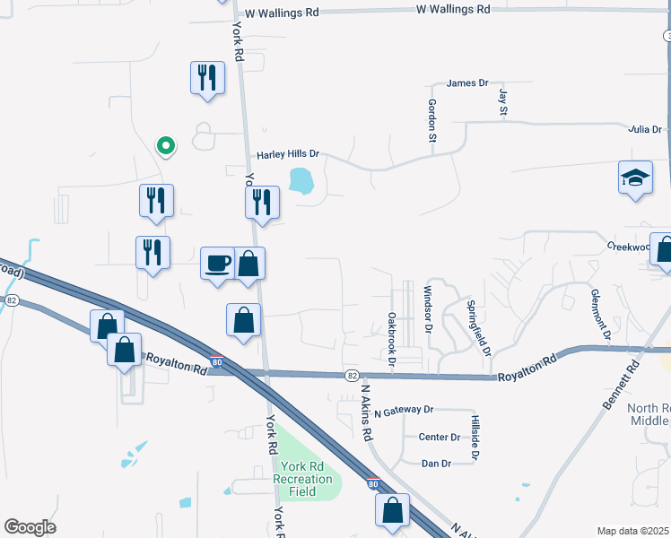 map of restaurants, bars, coffee shops, grocery stores, and more near 13565 Woodcroft Trace in North Royalton
