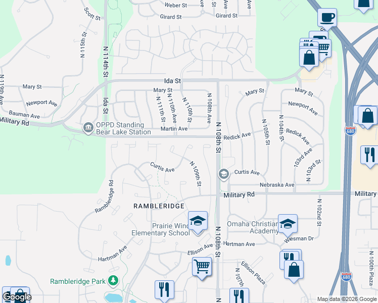 map of restaurants, bars, coffee shops, grocery stores, and more near 6117 North 114th Street in Omaha