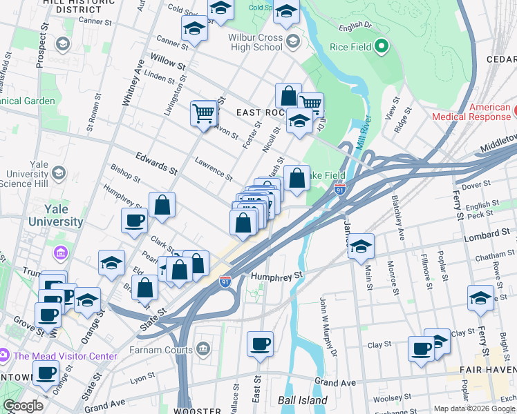map of restaurants, bars, coffee shops, grocery stores, and more near 24 Edwards Street in New Haven