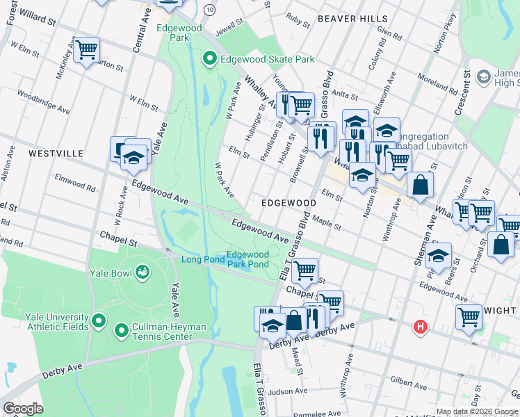 map of restaurants, bars, coffee shops, grocery stores, and more near in New Haven
