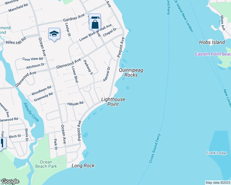 map of restaurants, bars, coffee shops, grocery stores, and more near Pequot Avenue in New London