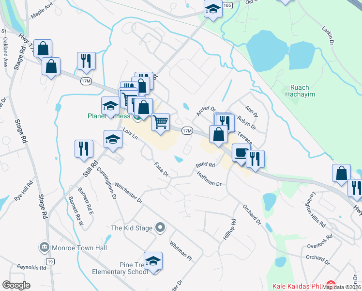 map of restaurants, bars, coffee shops, grocery stores, and more near 38 Fitzgerald Court in Monroe