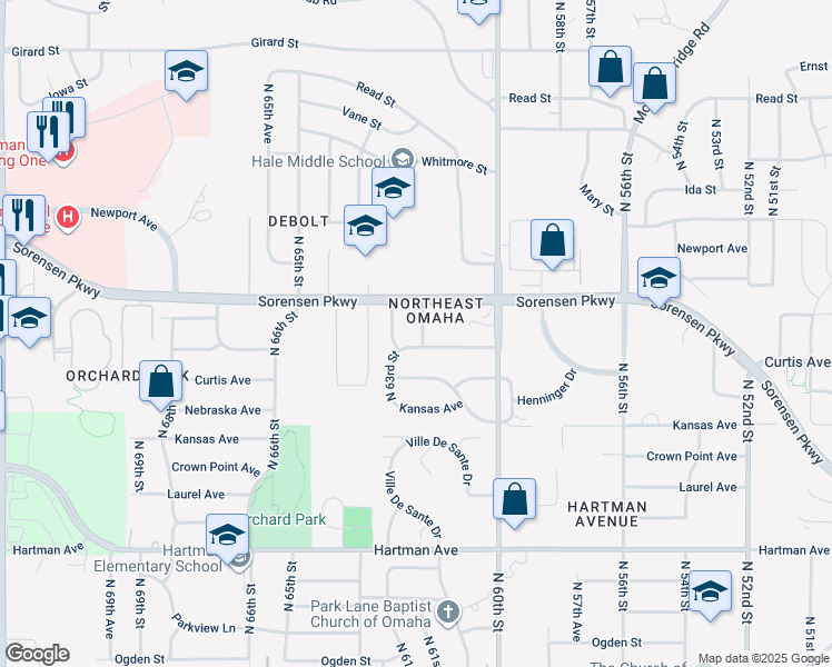 map of restaurants, bars, coffee shops, grocery stores, and more near 6312 North 62nd Avenue in Omaha