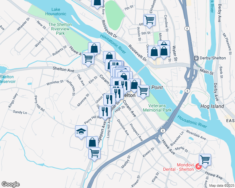 map of restaurants, bars, coffee shops, grocery stores, and more near 354 Coram Avenue in Shelton