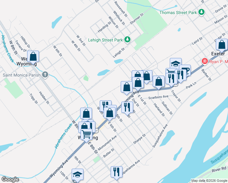 map of restaurants, bars, coffee shops, grocery stores, and more near 44 W 4th St in Wyoming