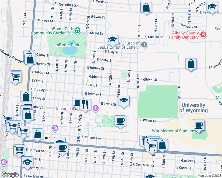 map of restaurants, bars, coffee shops, grocery stores, and more near 1211 East Bradley Street in Laramie