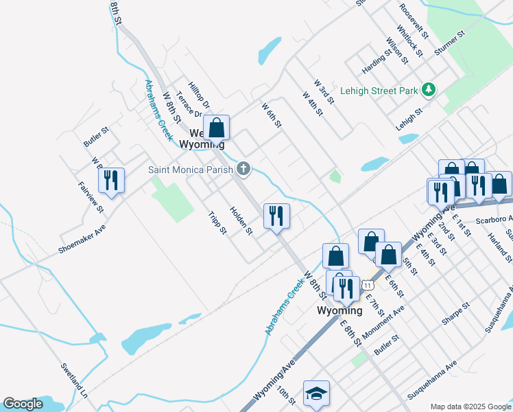 map of restaurants, bars, coffee shops, grocery stores, and more near West 8th Street in Wyoming