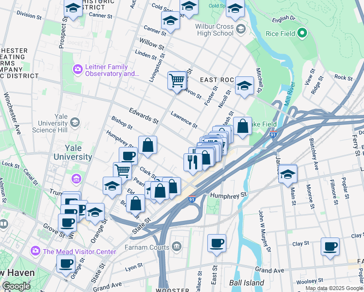 map of restaurants, bars, coffee shops, grocery stores, and more near 47 Bishop Street in New Haven