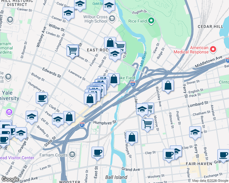 map of restaurants, bars, coffee shops, grocery stores, and more near 1041 State Street in New Haven