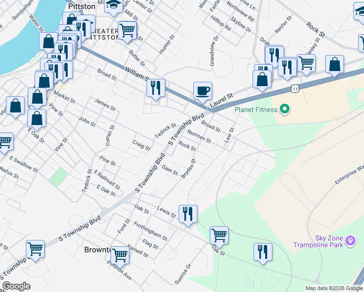 map of restaurants, bars, coffee shops, grocery stores, and more near 38 Rock Street in Pittston