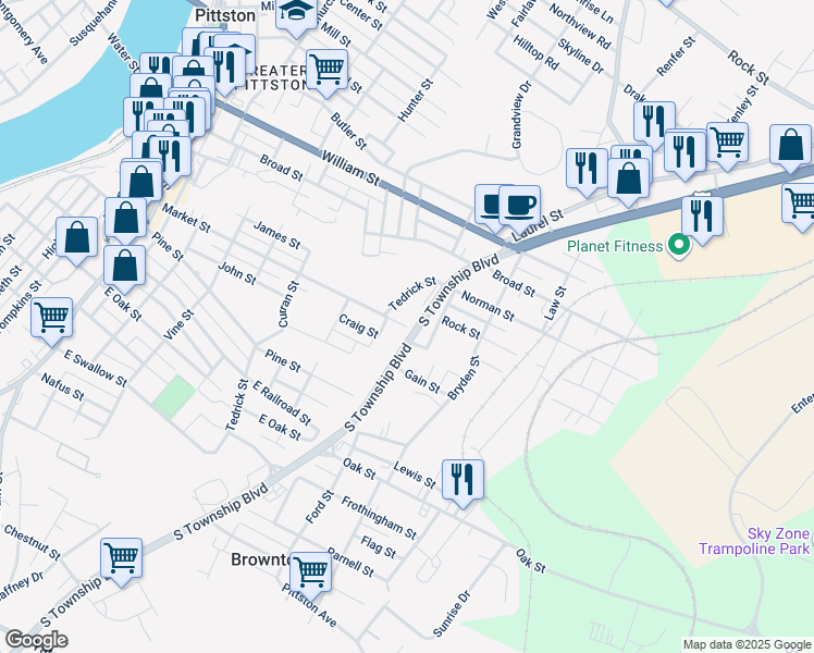 map of restaurants, bars, coffee shops, grocery stores, and more near 295 Centerpoint Boulevard in Pittston