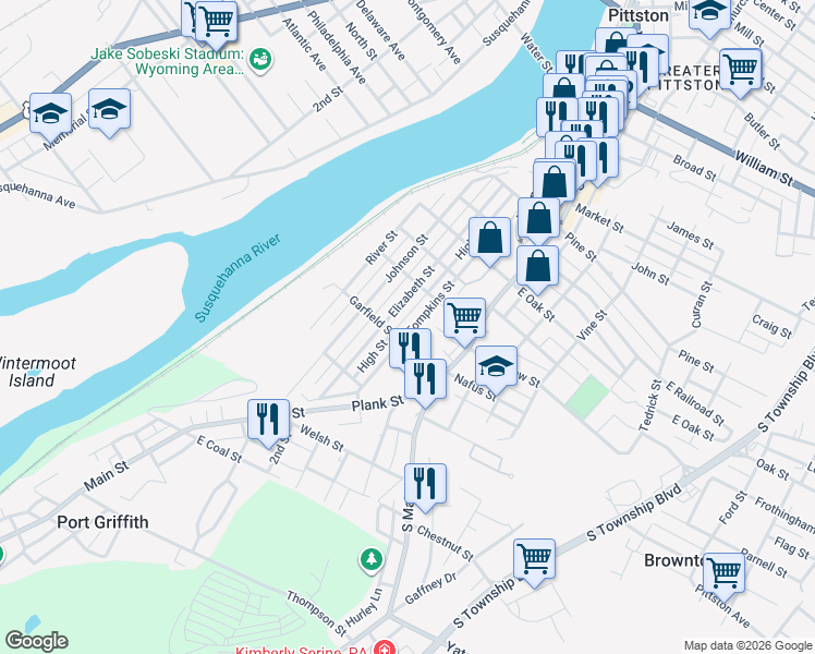 map of restaurants, bars, coffee shops, grocery stores, and more near 170 Tompkins Street in Pittston
