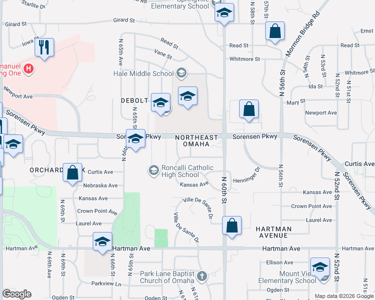 map of restaurants, bars, coffee shops, grocery stores, and more near 6312 North 62nd Avenue in Omaha