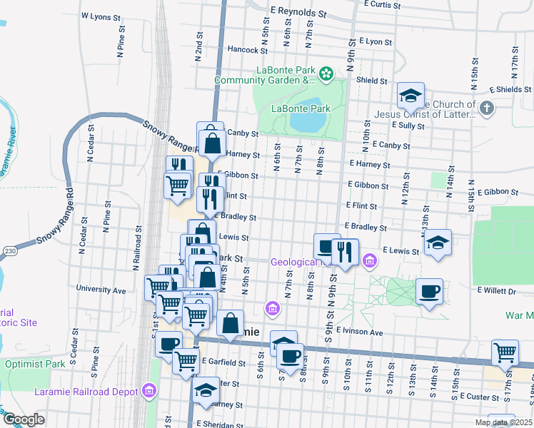 map of restaurants, bars, coffee shops, grocery stores, and more near 460 North 6th Street in Laramie