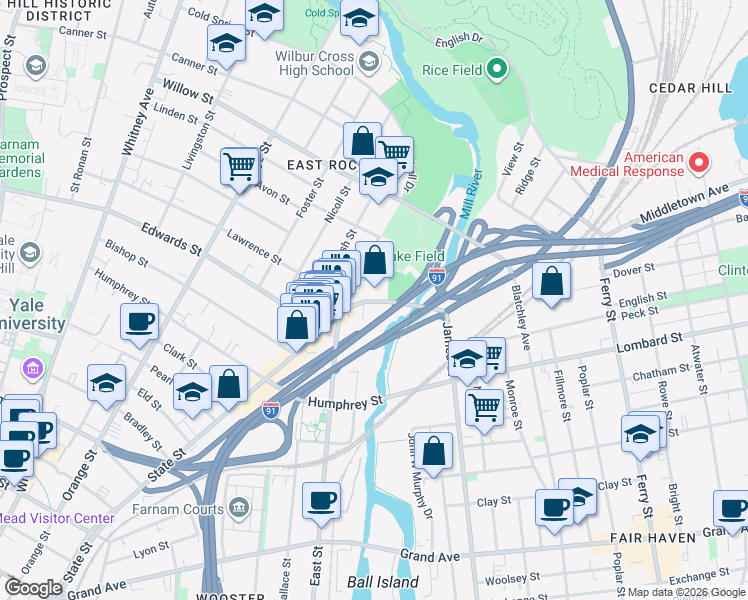 map of restaurants, bars, coffee shops, grocery stores, and more near 1041 State Street in New Haven