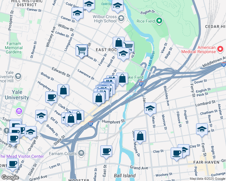 map of restaurants, bars, coffee shops, grocery stores, and more near in New Haven