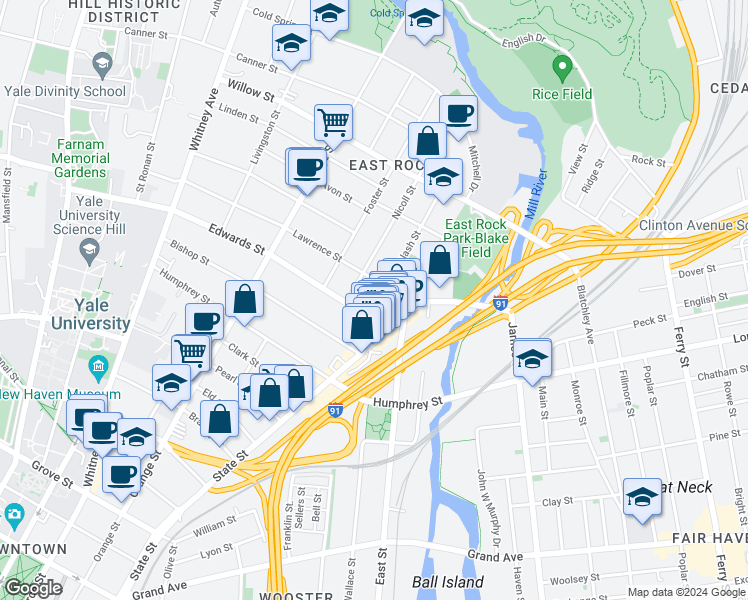map of restaurants, bars, coffee shops, grocery stores, and more near 24 Edwards Street in New Haven