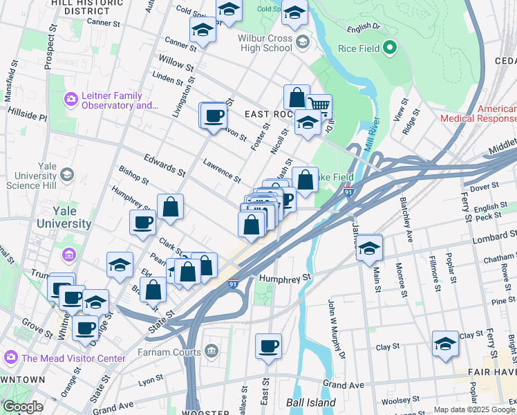 map of restaurants, bars, coffee shops, grocery stores, and more near 24 Edwards Street in New Haven