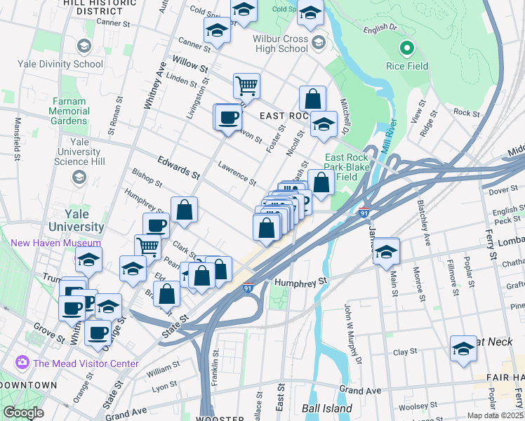 map of restaurants, bars, coffee shops, grocery stores, and more near 24 Edwards Street in New Haven
