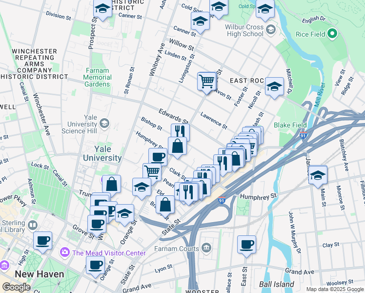 map of restaurants, bars, coffee shops, grocery stores, and more near 343 Humphrey Street in New Haven