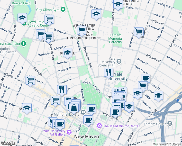 map of restaurants, bars, coffee shops, grocery stores, and more near 100 Sachem Street in New Haven