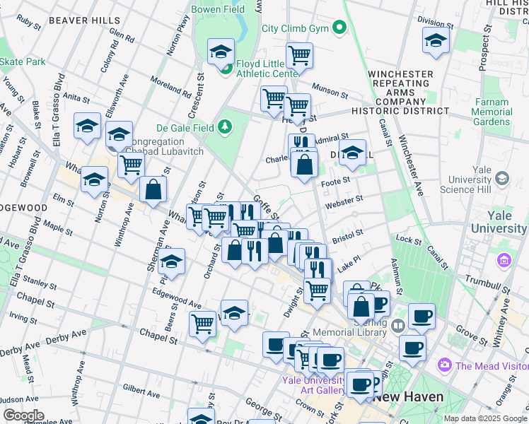 map of restaurants, bars, coffee shops, grocery stores, and more near 29 Dickerman Street in New Haven