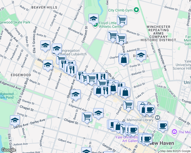 map of restaurants, bars, coffee shops, grocery stores, and more near 543 Orchard Street in New Haven