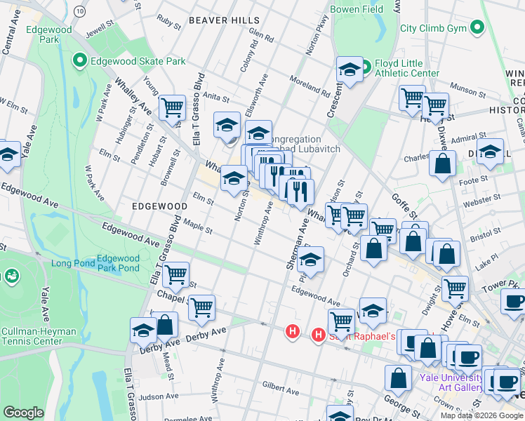 map of restaurants, bars, coffee shops, grocery stores, and more near 711 Elm Street in New Haven