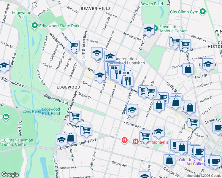 map of restaurants, bars, coffee shops, grocery stores, and more near 711 Elm Street in New Haven