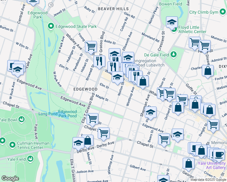 map of restaurants, bars, coffee shops, grocery stores, and more near 119 Maple Street in New Haven