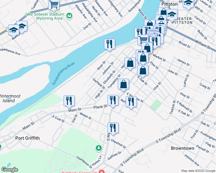 map of restaurants, bars, coffee shops, grocery stores, and more near 170 Tompkins Street in Pittston