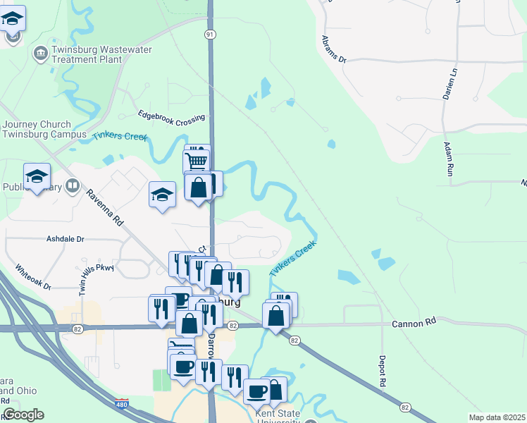 map of restaurants, bars, coffee shops, grocery stores, and more near 2799 Tinkers Lane in Twinsburg
