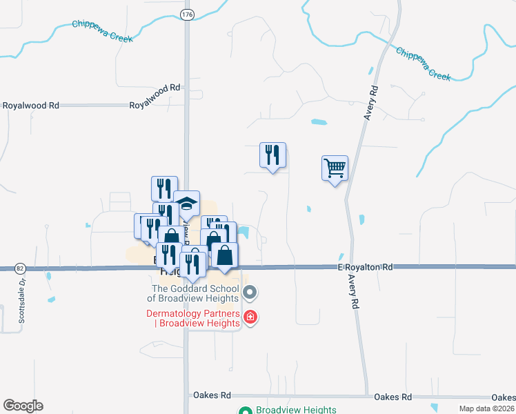map of restaurants, bars, coffee shops, grocery stores, and more near 1709 Stoney Run Circle in Broadview Heights
