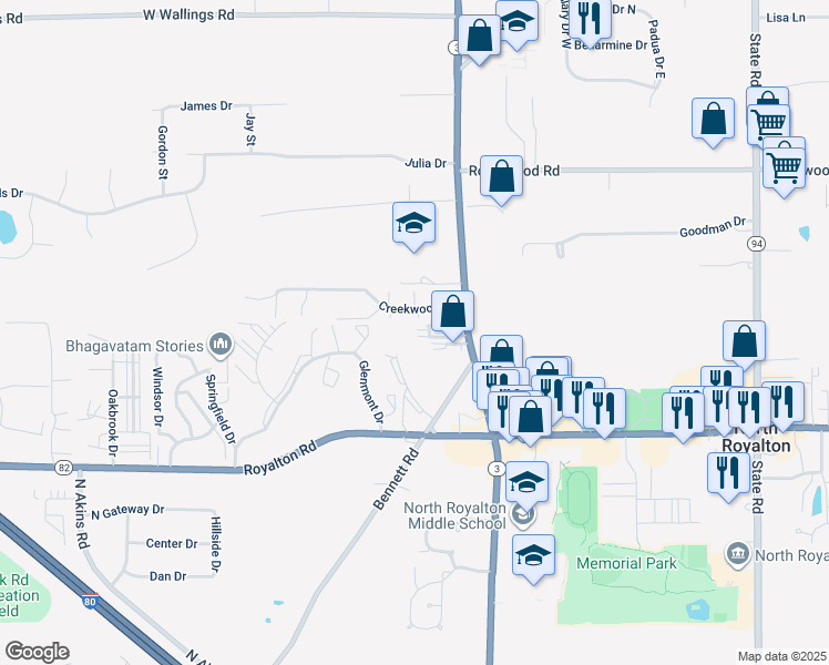 map of restaurants, bars, coffee shops, grocery stores, and more near 13900 Bennett Road in North Royalton