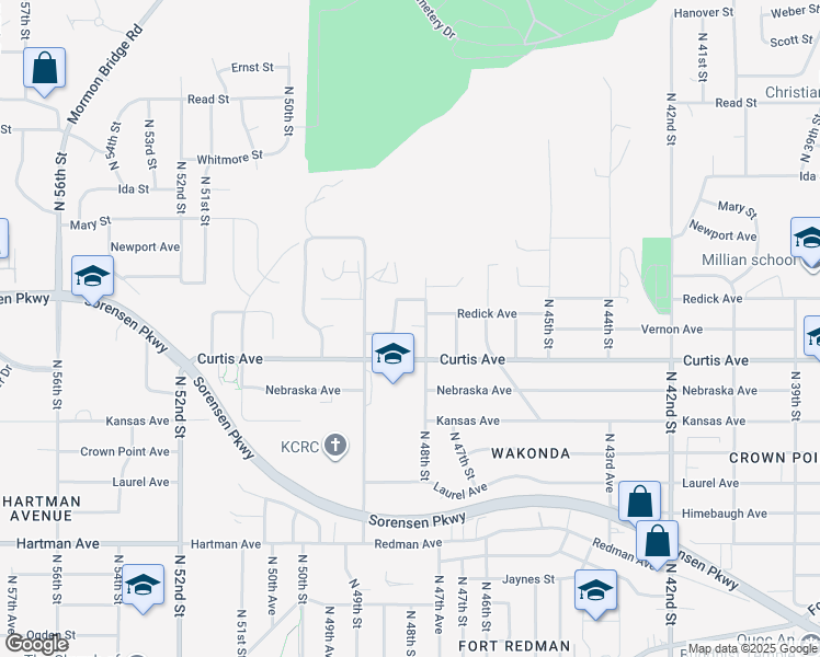 map of restaurants, bars, coffee shops, grocery stores, and more near 4820 Curtis Avenue in Omaha