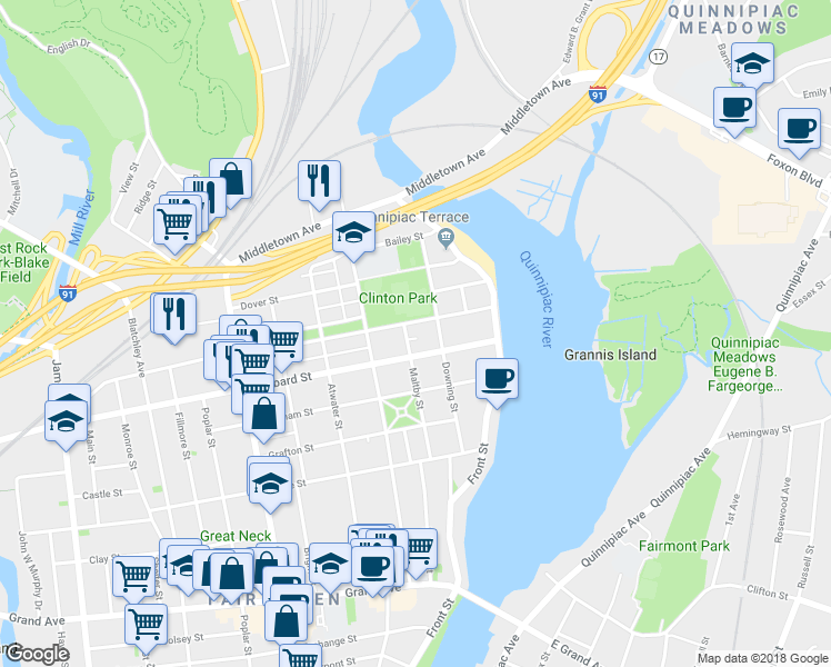 map of restaurants, bars, coffee shops, grocery stores, and more near 140 Lombard Street in New Haven